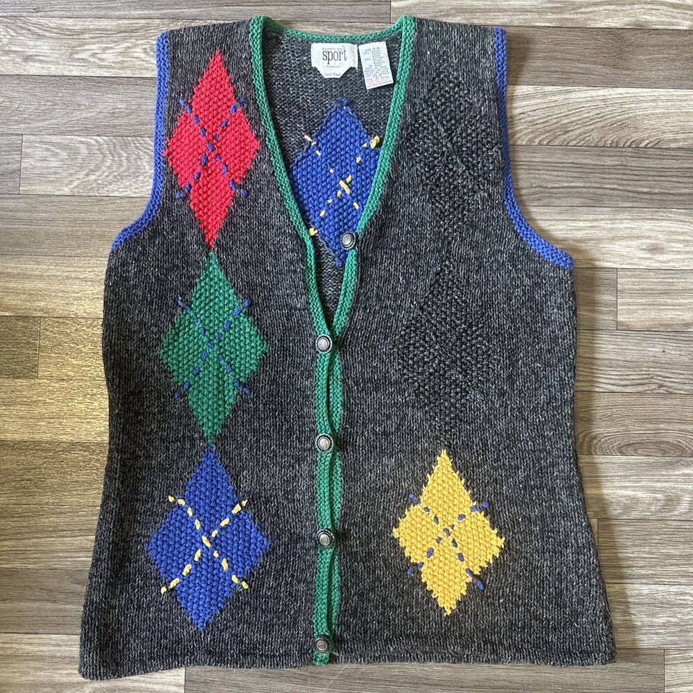 Vintage Eagles Eye Sport Hand Knit Vest Men’s Small Argyle Stitched 90s Hipster